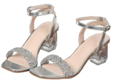 SMYDM - Sandalias de tacón cuadrado con purpurina plateada para mujer, con una correa, tacón grueso, cristal transparente, zapatos de vestir para fiesta, Silver, 43 EU
