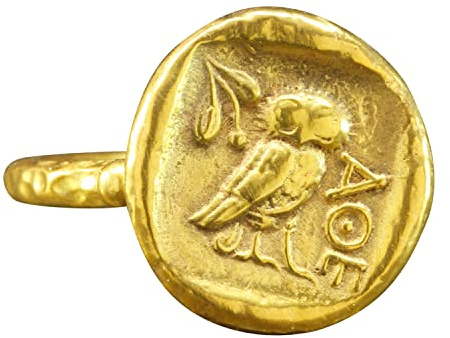 CAPRIXUS 925 Sterling Silver Signet Ring Ancient Greek Athens Owl Coin 24K Gold Vermeil Designer Handmade Pinky Rings for Women Hammered Granulated Turkish Fine Jewelry