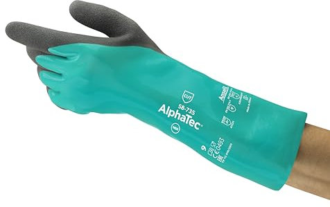 Ansell AlphaTec 58-735 Work Gloves Nitrile, Chemical and Cut Protection, Heavy Duty Safety Glove, Industrial PPE Workwear, Chemical and Mechanical Resistant, Green, Size XL (6 Pairs)