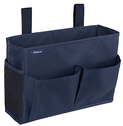 Surblue Bedside Caddy Hanging Organizer Storage Bag Pocket for Bunk, Hospital, College Dorm Rooms, Baby Bed Rails, Camp - 4 Pockets, 2 Hooks (Blue)