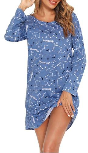 MIA LUCCE Camicia da notte da donna a maniche lunghe, con graziosa stampa dei cartoni animati, morbida biancheria da notte, Blu (Azul Start), XXL