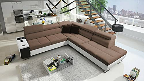 All4All Ecksofa mit Schlaffunktion Margo IX 283x298 cm - Schlafsofa mit Bettkasten - Wohnlandschaft in L-Form - XXL Sofa Groß - Seite rechts - Strukturstoff mit Kunstleder - Braun/Weiß 26