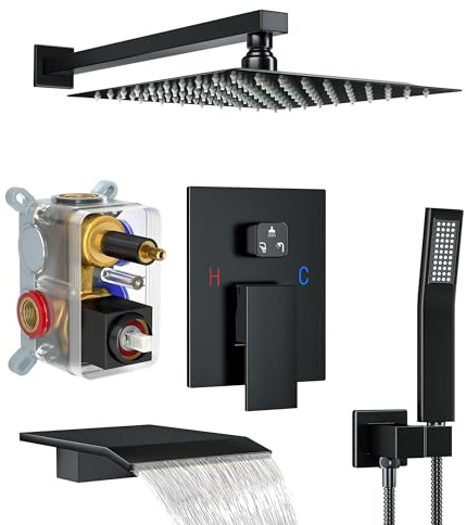 Fatspas Shower System with Tub Spout, Shower Faucet Set with 10 Inch Rain Showerhead Handheld Shower and Tub Spout, Wall Mounted High-Pressure Showerhead Combo Set Included Valve and Trim, Matte Black
