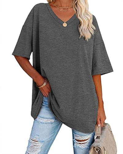 Ebifin Maglietta Oversize da Donna con Scollo a V Manica Corta Casual Sciolto di Base Estivo Magliette Camicetta.Grigio Scuro,XXL