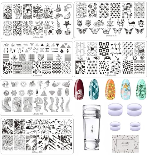 JEEWHEET 6 Nail Art Stamping Plates with Stamper and Scraper - Flowers, Geometric Patterns Nail Template for Nail Salon Designs - Nail Image Stamp Plates Manicure Templates Nail Art Tools