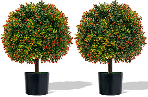 Goplus 22'' Artificial Boxwood Topiary Ball Tree, Set of 2 UV Resistant Faux Potted Plants Artificial Shrubs Bushes with Orange Fruits, Fake Evergreen Artificial Topiary for Home Front Porch Decor