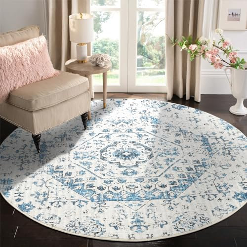 Carvapet Teppich Rund 150cm Weich und Flauschig Teppich Gegend Kreis rutschfest Waschbar Blumendrucke Bodenteppich Wohnzimmer Schlafzimmer(Blau)