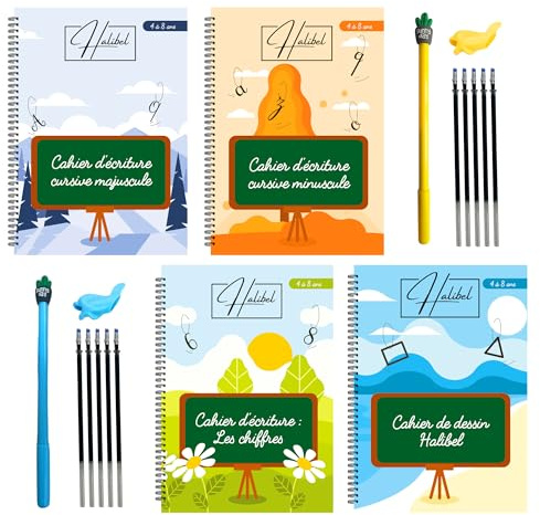 Halibel 4 CAHIERS ECRITURE MAGIQUE CALLIGRAPHIE ENFANT FRANÇAIS - REUTILISABLE (maternelle, CP, CE1, CE2), APPRENTISSAGE ECRITURE, 2 STYLOS MAGIQUES EFFAÇABLE + 10 RECHARGES D'ENCRE