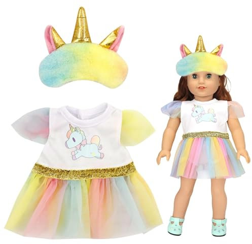 Buntes Einhorn Puppenkleidung Puppenkleider Mit Augenmaske Kleid Puppensachen Tutu Für 18 Puppen (40-45 cm) Geburtstagsgeschenk Für Mädchen