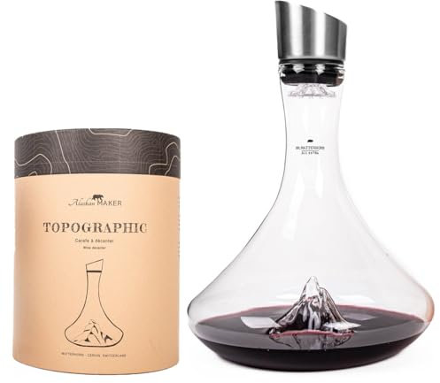 Decanter per vino da 1,8 l, in borosilicato soffiato a mano con montagne in rilievo, tappo 3 in 1 (filtro, aeratore e versatore) (Mt Matterhorn)