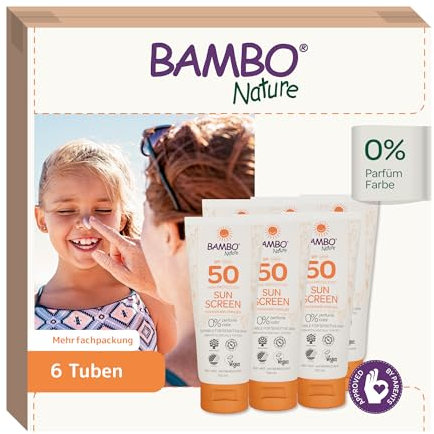 Bambo Nature Baby-Sonnencreme mit LSF50 | Vorratspackung 6x100 ml| Hoher UVA/UVB-Schutz, Sonnenschutzmittel für Kinder | Wasserfest & Dermatologisch getestet | Vegan, nicht-klebrige Formel