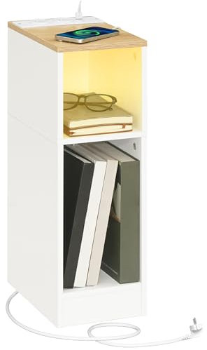 MAHANCRIS Beistelltisch mit Ladestation, Nachttisch mit Sensor-LED-Licht, Couchtisch, für Kleine Räume, Wohnzimmer, Schlafzimmer, Braun und Weiß AETNW25UE01