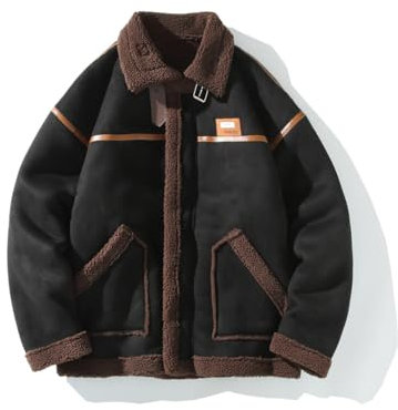 Herr lammulljacka vinter enfärgad förtjockad utomhus resa pälskrage kappa män pälskläder, Svart, 3XL