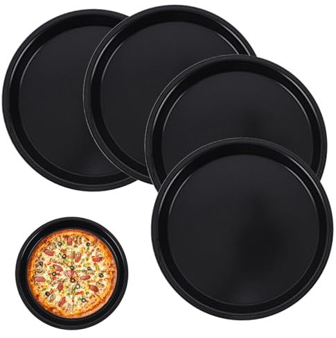 Set di 4 teglie per pizza, piatti per pizza, rotondi, quiche, antiaderenti, nere, per pizza, fiamme, torte, calore uniforme e facile da pulire, 2 cm (h) x 16,3 cm (6)