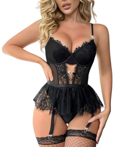 JFAN Conjunto de Lencería Push up Badydoll Ropa Interior Mujer con Tirantes Ajustables Mini Vestidos de Encaje y Medias Nero