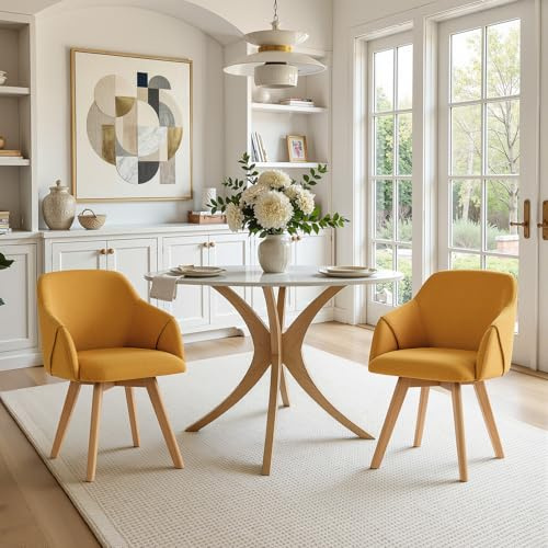 Lot de 2 chaises de salle à manger pivotantes avec pieds en bois, pivotantes, avec accoudoirs, design mi-siècle, tissu en coton et lin, pour cuisine, salle à manger et salon