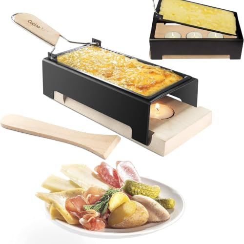 Cheese Raclette w Foldable Handle- Candlelight Cheese Melter Pan w Spatula- Cool Touch Base w 3 Tea Lights- Melts in Under 4 Minutes, Small Portable, Great for Dinner Parties, Appetizers, Date Night