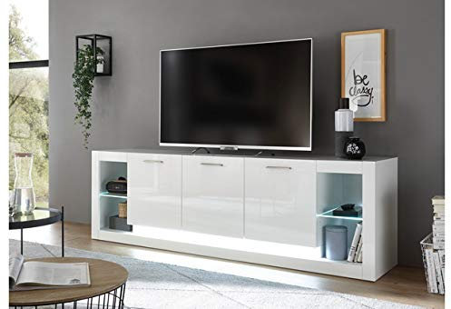 Lowboard Mats I weiß tiefzieh Hochglanz 198x61x43cm Sideboard Board Stauraumelement Kommode Wohnzimmerschrank Regal Stauraum Regalboard Standboard Größe mit Beleuchtung