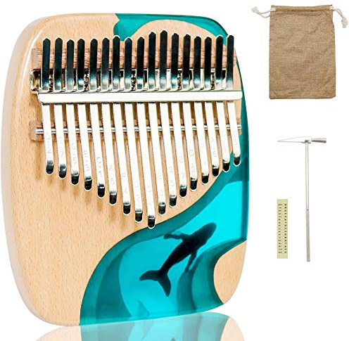 Kalimba 17 Keys Whale Shape Jellyfish Thumb Piano,Hand-made Flat Board Blue Ocean Design,Tune Hammer and Study Instruction ,Portable Mbira Sanza Finger Piano,Gift for Kids Adult Beginners Professional