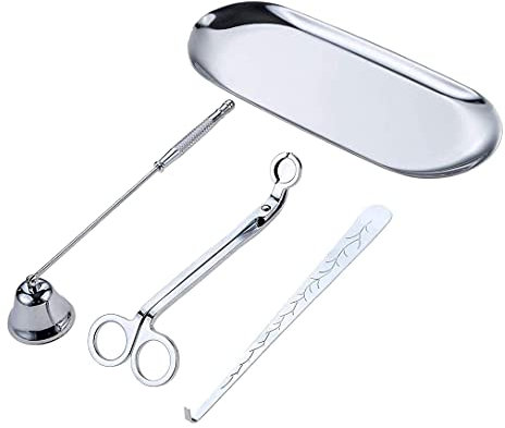 Hsthe Sea 4 Pezzi Set di Accessori per Utensili per Candele, Trimmer per stoppino, mestolo per stoppino, spegnicandela e Piatto per Vassoio portaoggetti per stoppino per Candela (Argento)