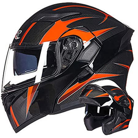 Casque de moto modulaire avec double lentille anti-buée Casques de scooter Casque intégral D.O.T Casque rabattable pour hommes & femmes (Texture en fibre de carbone noir-orange) (55~57cm M)