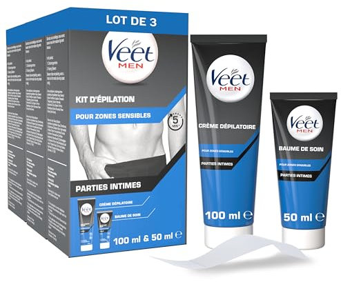 VEET FOR MEN - Set di 3 kit di depilazione parti intime, 3 creme depilatorie 100 ml e 3 balsami per la cura 50 ml, zone sensibili
