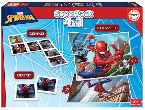 Educa - Superpack Spiderman Marvel 4 en 1 | Puzzles, Dominó, Memory Infantil | 2 Puzzles 25 y 50 Piezas, Dominó 21 fichas, Identic 24 Cartas | Juego Educativo niños 3 años (19353)