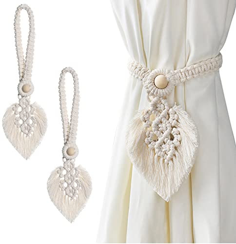 IVEOPPE 2 Stück Vorhang Raffhalter Boho Deko - Raffhalter Boho Vorhanghalter, Baumwolle Makramee Gardinenhalter Tiebacks Vorhang Clips Feder Gardinenklammern für Vorhänge Gardinen Deko (Beige)