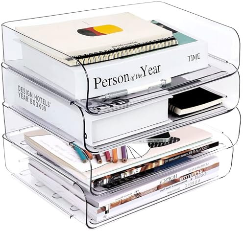 Greentainer 4-Stöckige Ablagekorb für A4, Dokumentenablage aus PET Kunststoff, Stapelbare Schreibtisch Organizer Briefkorb, Briefablage,A4-Papierablage für Zuhause,Büro,Schule(4pcs Transparent)