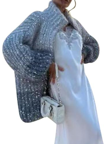 ORANDESIGNE Donna Cardigan Paillettes Morbido Cappotto in Maglia Grossa con Scollo a V Manica Lunga Bolero Maglione Casual Elegante Autunno Invernale Top Giacca Aperto Calda A Blu S