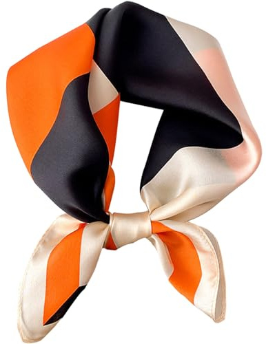 kcctoo Bufanda de seda de morera de 27.5 pulgadas para mujer, bufanda de satén con cuello cuadrado para bolsa, bufandas para el pelo, regalo, K012-negro naranja H, 27.5 x 27.5 pulgadas, 27.5 x 27.5