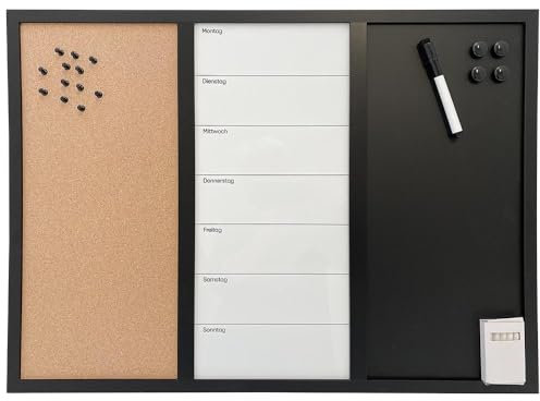 DisplayLager Tableau combiné 3 en 1 pour planification hebdomadaire, en liège et tableau noir, avec 1 marqueur, 4 aimants, 12 broches, 5 craies (allemand, 40 x 60 cm)