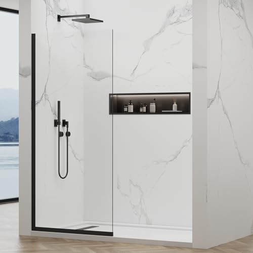 YTSAHSTT Shower Glass Wall Panel 36 W x 76 H, 3/8 (10mm) Tempered Glass, Half Frameless Fixed Shower Screen, Single Panel with Double-Sided Easy-Clean Coating - Matte Black