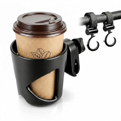 MC MICUS Sujetavasos para Padres de Silla de Paseo y Cochecito, Portavasos Universal para Carrito de Bebé con 2 Ganchos para Bolsos, Soporte Biberones y Botellas, Accesorio para Bicicletas.