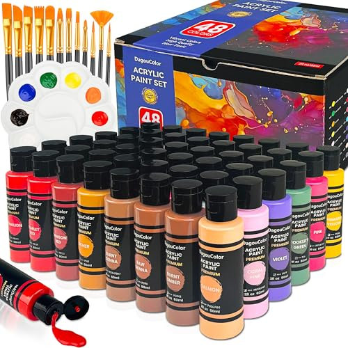 DagouColor 61 PCS Pintura Acrílica - 48 Colores Acrílico (60ml) con 12 Pinceles y 1 paleta, Regalos de Arte para tela Lienzo, Piedra, Acrilicos para Pintar para Artistas, Principiantes
