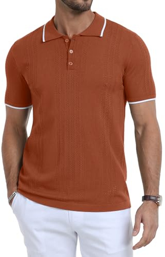 KUYIGO Polo pour homme à manches courtes en tricot respirant, design ajouré, chemise décontractée douce avec col contrasté pour le golf, les affaires, le printemps