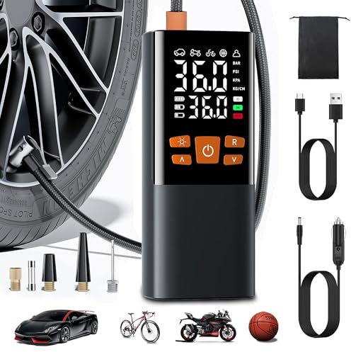 COCCKO Compresor de Aire Portátil 12V, Inflador de Neumáticos con Batería de Litio Recargable, 5 Modos, Pantalla Digital, Función de Carga USB, Para Coche, Bicicleta y Moto, Compacto
