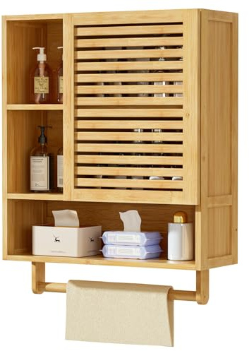Yorbay Mobile Bagno Sospeso, Mobile da Parete in Bambù con Porta Asciugamani e Scomparto Aperto, Armadietto Medicinali Salvaspazio con Anta Singola per Bagno e Cucina, 20 x 56 x 70 cm (Colore Bambù)