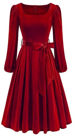Odizli Velvet Dresses for Women UK Ladies Elegant 1950s Vintage Fall Winter Long Sleeve Christmas Party Xmas Formal Evening Occasion Graduation Wedding Guest Midi Long Cocktail Dress Red M