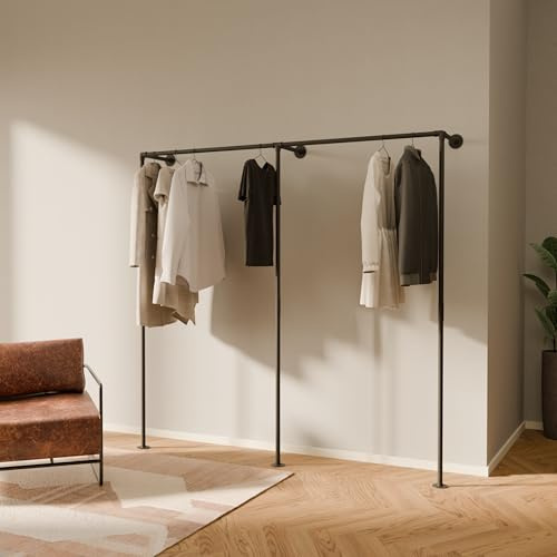 pamo Barra de ropa de pared estilo industrial – Carga 200 kg – Perchero metálico negro con tubos de acero – Para vestidor abierto o armario sin puertas – Robusto y fácil de instalar