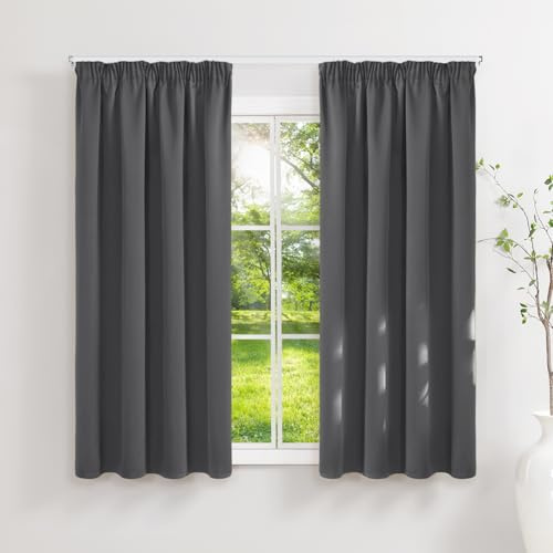 Runyéla Cortinas Cortas Opacas para Salón y Dormitorio, 2 Paneles Cortina Termica Moderna para Riel y Anillos con Bloqueo de Rayos UV Gris Oscuro 140x160 cm Blackout Curtains For Living Room