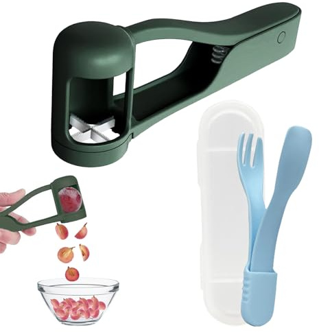 Grape Cutter, Fruit Slicer Set with Travel Spoon and Fork, Stainless Steel Grape Quarter Cutter for Grapes, Cherry Tomatoes and Strawberries, Snack Prep Tool, Green and Blue