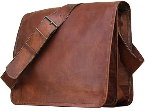 Läder messengerväska vintage axelremsväska gåva män kvinnor affärsarbete bära laptop datorböcker handgjord robust och sliten ~ vardag kontor högskola 15 tum, Brun
