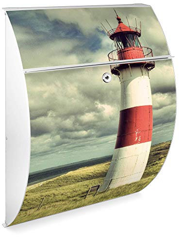 Burg Wächter Design Briefkasten | Modell Riviera 46cmx33,5cmx13cm groß | verzinkter Stahl Weiß | Postkasten mit Öffnungsstopp, großer A4 Einwurf, Zylinderschloss, 2 Schlüssel | Motiv Leuchtturm Sylt