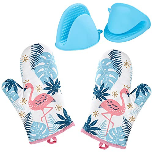 Keleily Guanto da Cucina 1 Paio di Guanti da Forno Resistenti al Calore Fodera in Cotone con 1 Paio di Guanti da Forno Silicone per Cucina Cottura BBQ, Design Fenicottero