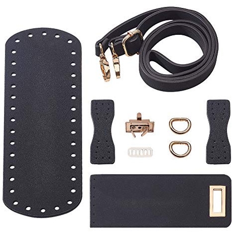 PandaHall DIY PU Ledertasche Strickset, Ledertasche Unten/Schultergurt/Tasche Twist Lock/Klappenabdeckung/Taschenschnallen, Schwarz (7 Arten von Zubehör)
