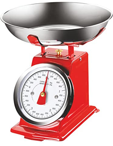 Bilancia da Cucina in Ferro con Vassoio in Acciaio Modello Atlas Bilancia Alimentare Max 5 Kg Colore Rosso Pratiko Life