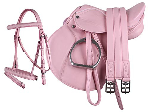 Equipride Pony Power Saddle 13  Faux Leather Bridle Leathers Stirrups Complete Set Pink