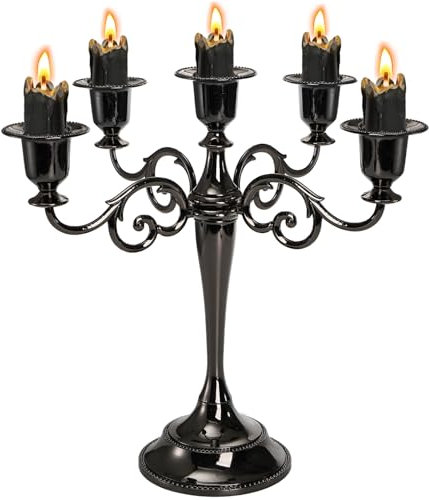 YOUEON Chandelier à 5 Bras, 26,4 cm de Haut, Noir Brillant, bougeoir Gothique pour Bougies piliers de 2,5 cm de diamètre, pièce maîtresse pour Mariage, église, cheminée, Halloween