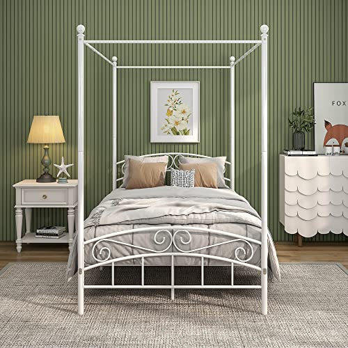 JURMERRY Canopy Double Bed Frame with Ornate European Style Headboard & Footboard Sturdy Steel Perfectly, Easy DIY Assembly, Texture White